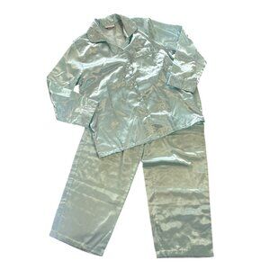 Vanity Fair Pajama Set Silky Mint Green Embroidered Med (10-12) Button Pockets